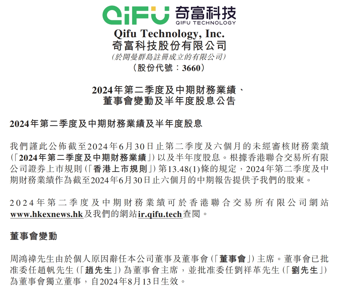 这家公司公告：周鸿祎辞任董事会主席！过去3年净赚超140亿元，坐拥原360借条、360周转灵等产品  第1张