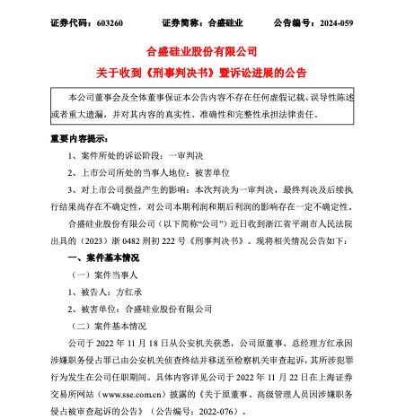 合盛硅业原董事、总经理方红承一审被判有期徒刑四年六个月 罚款100万元