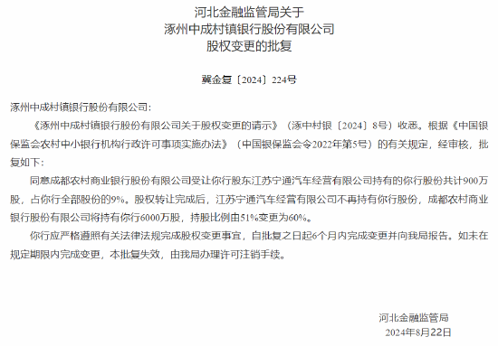 成都农商行增持旗下8家村镇银行 持股比例均由51%变更为60%