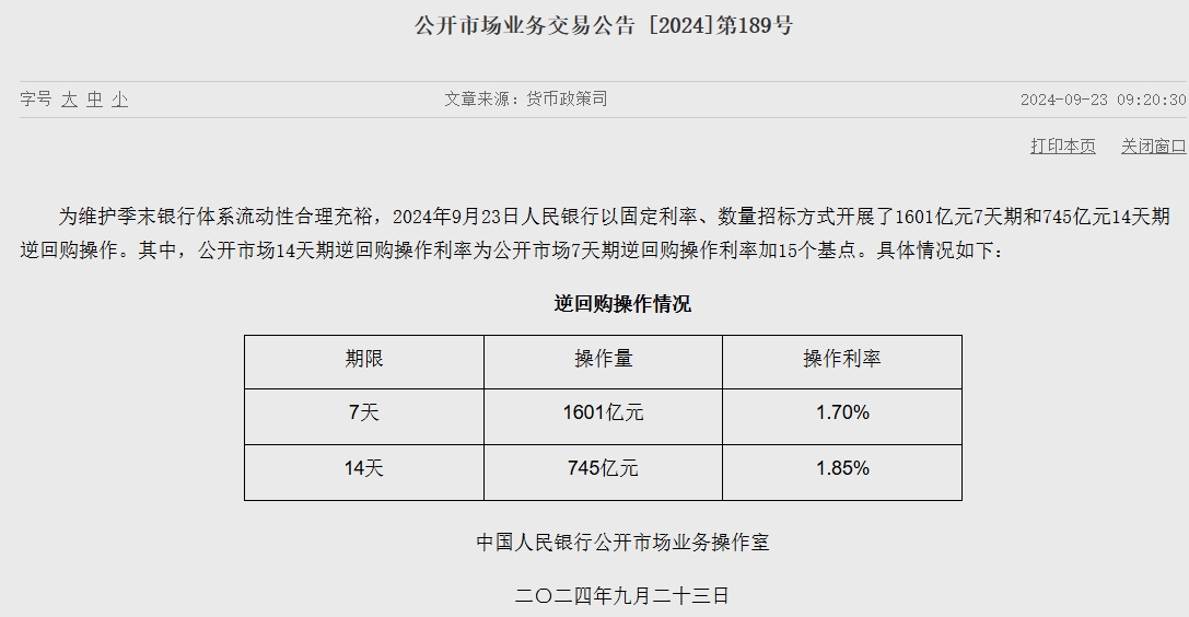 央行重启14天期逆回购操作 利率下调10个基点  第1张