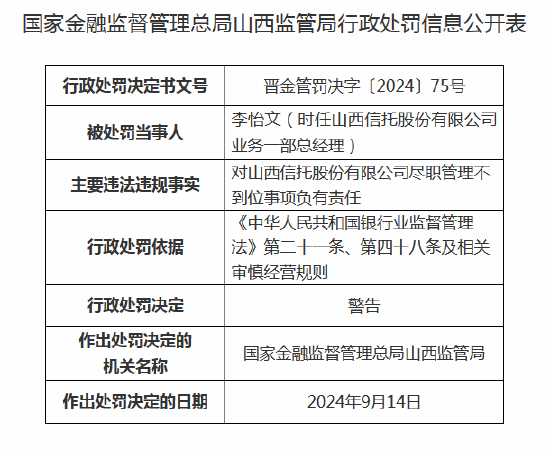 山西信托尽职管理不到位 两名高管被警告  第1张