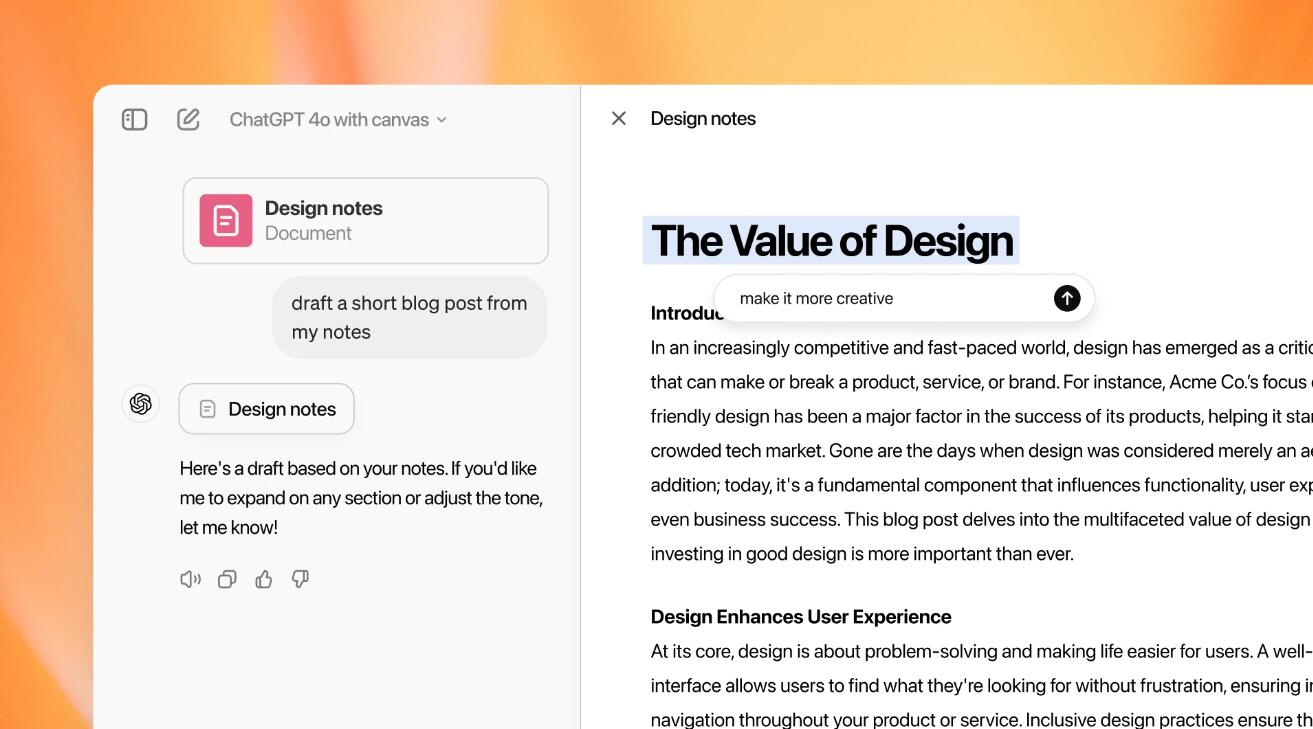 ChatGPT对话开新窗口：OpenAI推出新界面canvas，特辟写作和编码工作区  第1张