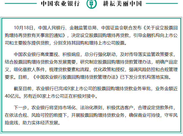 农业银行已完成9家上市公司的股票回购增持贷款业务审批  第1张